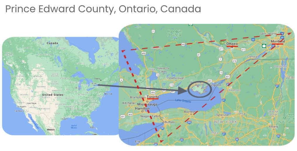 Map showing location of Prince Edward County, Ontario, Canada